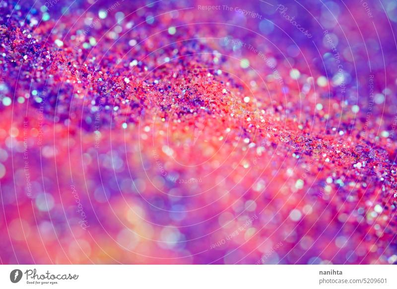 Real macro photography of colorful and shiny glitter party background bokeh sparkles texture shine joy happiness close close up surface plastic microplastic