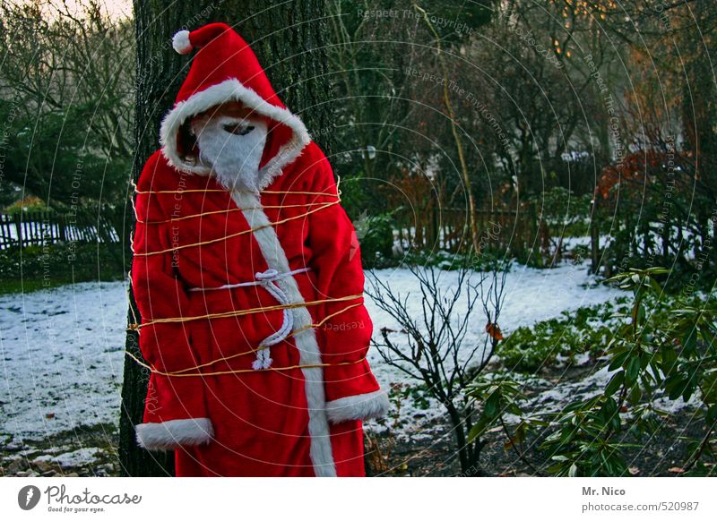 Kidnapped! Christmas & Advent 1 Human being Environment Nature Winter Snow Tree Coat Cap Beard Red Revenge Shackled Santa Claus Carnival costume Garden Punish