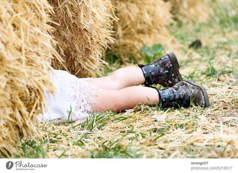 In search of the needle in the haystack topic day Needle in a haystack Straw Bale of straw Autumn Child Girl feet Legs Ground Search Search action Hide