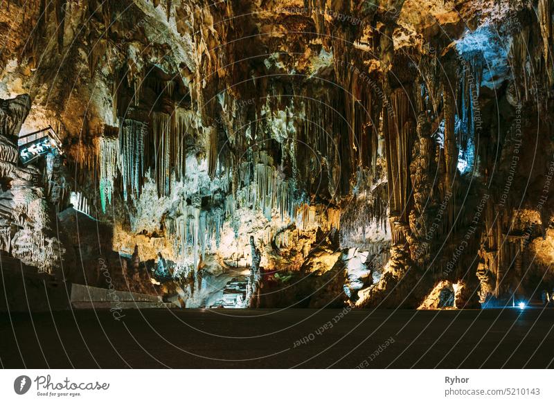 Nerja, Malaga Province, Andalusia, Spain. Cuevas De Nerja - Famous Caves. Different Rock Formations, Stalactites And Stalagmites In Nerja Caves. Natural Landmark