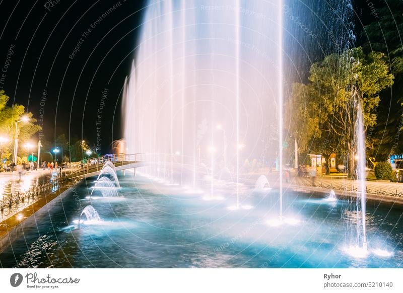 Batumi, Adjara, Georgia. Singing And Dancing Fountains Is Local Landmark At Boulevard Fountains. Night Illuminations landmark sightseeing illuminated city sing