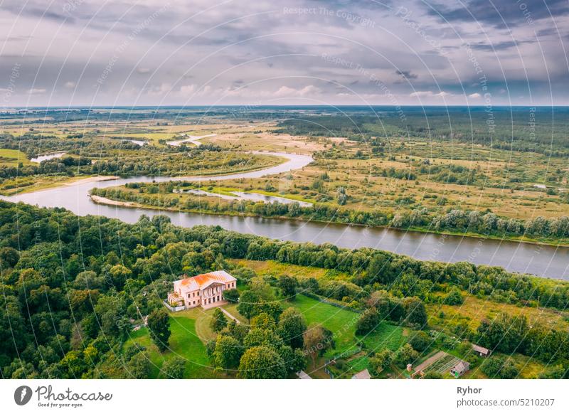 Khal'ch, Vetka District, Belarus. Aerial View Old House Manor Of Landowner Voynich-Senozhetskih. Top View. Bird's Eye View historical aerial view heritage