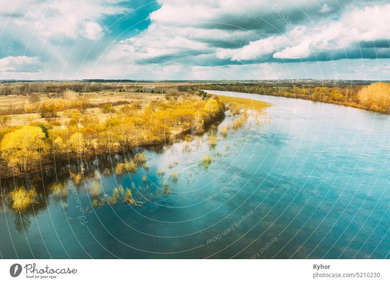 River During Spring Flood Water. Aerial View Landscape. Top View Of Beautiful European Nature From High Attitude In Springtime Season park nature forest