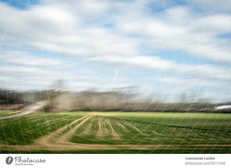 Lanes in the green field - ICM technology Transience rolling by hazy look Agriculture blurred Unclear blurriness Field off the beaten track Sky Clouds Ambiguous