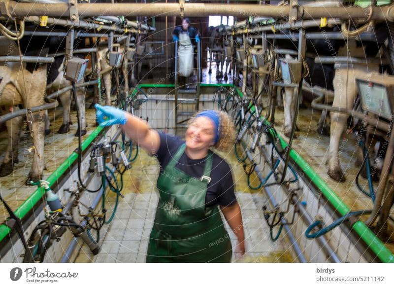 Funny farmer woman in milking parlor for dairy cows Farmer's wife Agriculture milk production Smiling Indicate Dairy farm Looking into the camera Milking system