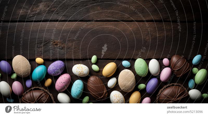 Easter eggs and chocolate sweets on dark wood background banner or header with copy space. Generative AI. easter decoration celebration table holiday rustic