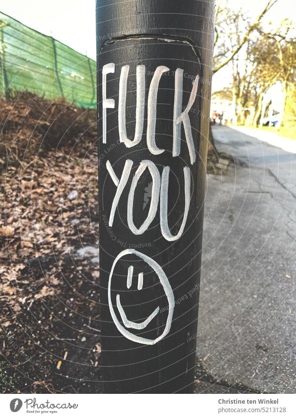 "Fuck you" and a friendly grinning smiley was written/painted on a lamppost fuck you Smiley Smiley face kind Grinning Smiling Graffiti Daub Face Emotions Sign