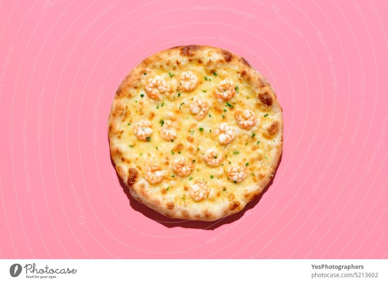 Shrimps pizza above view, isolated on a pink background baked bright cheese color cooked copy space crust cuisine delicious design diet dinner dish fast