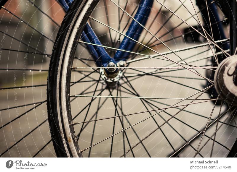 Bicycle spokes in the rain Cycling Bicycle frame Colour photo variegated motley Climate Climate protection Climate change CO2 emission co2 Air pollution