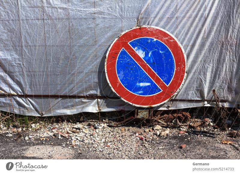 No parking traffic sign Europe area background blue caution construction danger dirty forbidden grunge icon information iron isolated law material metal no