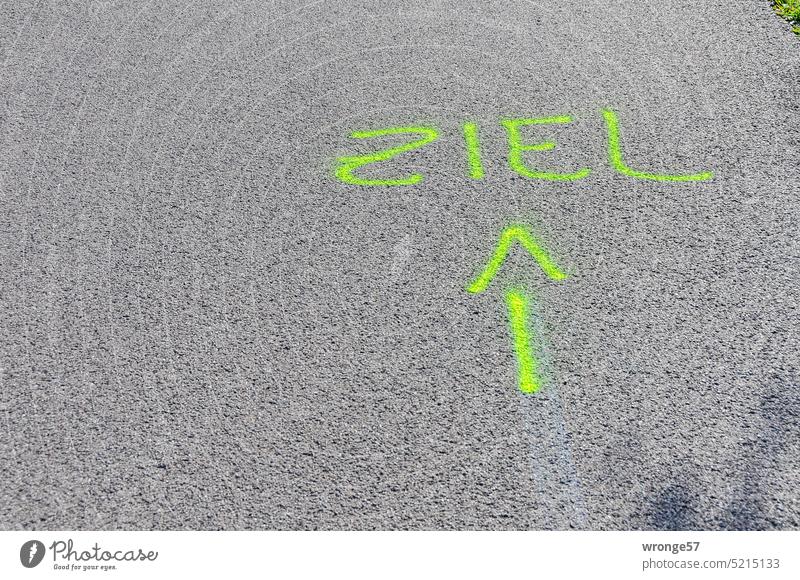 A green arrow sprayed on the asphalt points in the direction of the destination mark Arrow Direction groundbreaking Orientation Orienteering Road marking