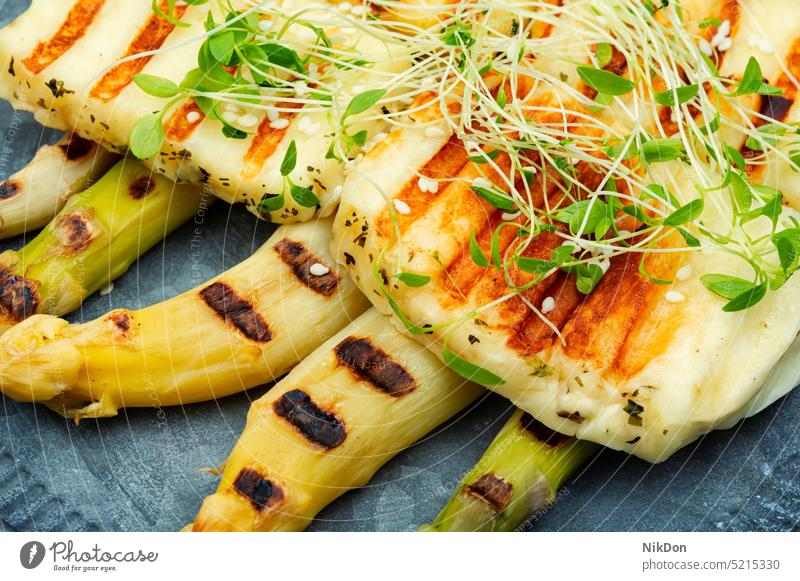 White asparagus with halloumi cheese. grilled vegetable food healthy snack green white grilled asparagus organic lunch plate salad appetizer tasty diet roasted