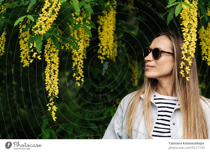 A woman admires the flowering clusters of Laburnum anagyroides walking in the spring in the park summer female people person flowers adult one alone blooming