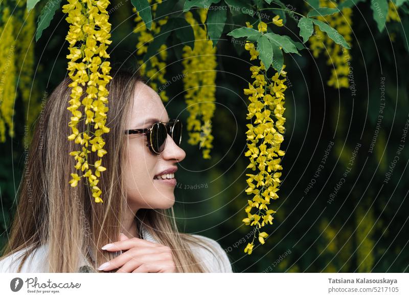 A woman walks among the blooming yellow flowers of Laburnum anagyroides summer female people person adult one flowering alone long hair one person Blossom