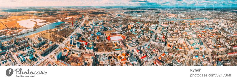 Brest, Belarus. Brest Cityscape Skyline In Spring Day. Bird's-eye View Of Residential Districts. Panorama Panoramic View elevated view district panorama brest