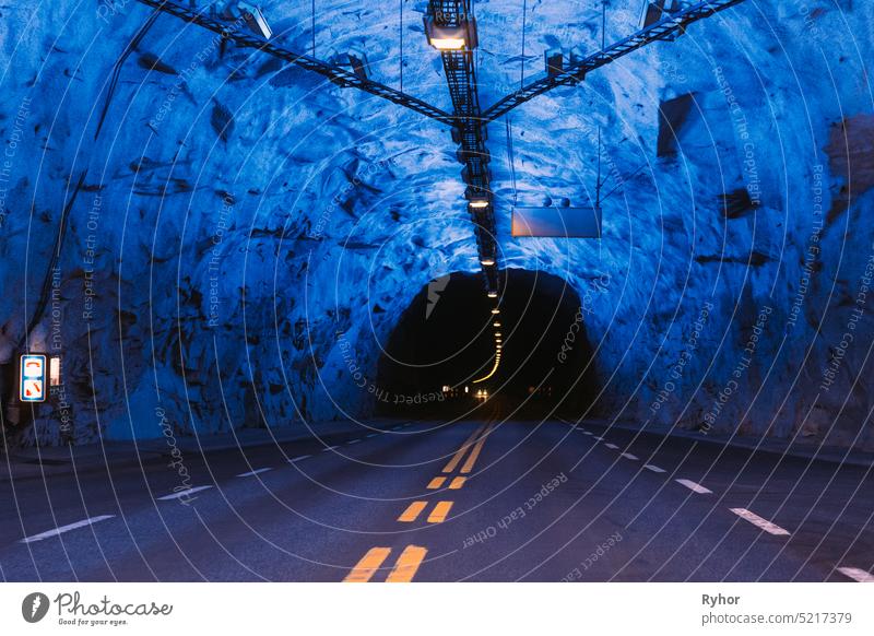 Laerdal Tunnel, Norway. Road On Illuminated Tunnel In Norwegian Mountains. Famous Longest Road Tunnel In World. Popular Place transportation aurland long