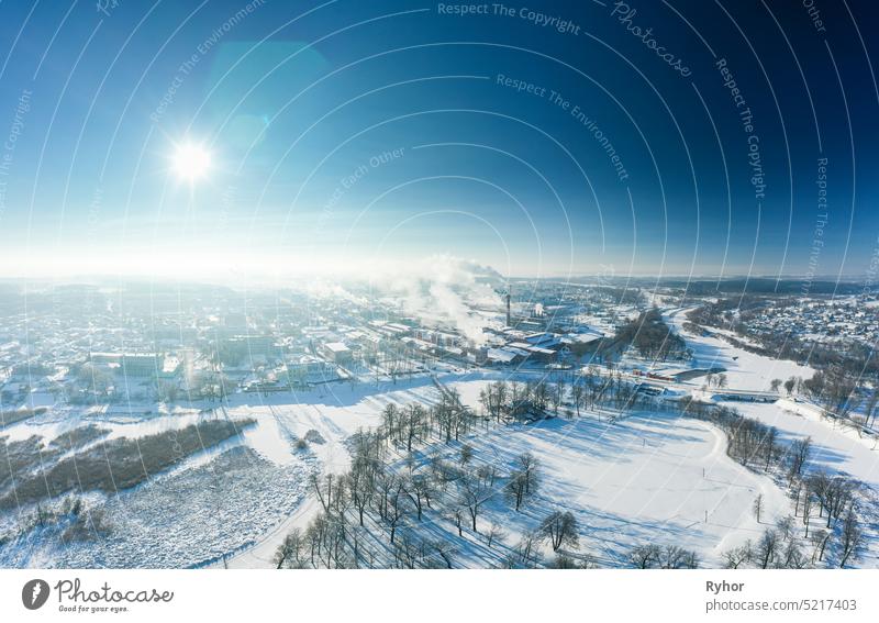 Aerial View Of Old And Modern Paper Factory In Sunny Winter Morning. Historical Heritage In Bird's-eye View. Dobrush, Gomel Region, Belarus landmark travel