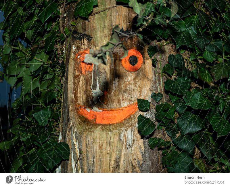 Tree trunk with carved face Face forest spirit Graven Laughter Creepy leaves Anthropomorphism Nightmare Frightening Eerie Forest Spooky Mysterious Mystic
