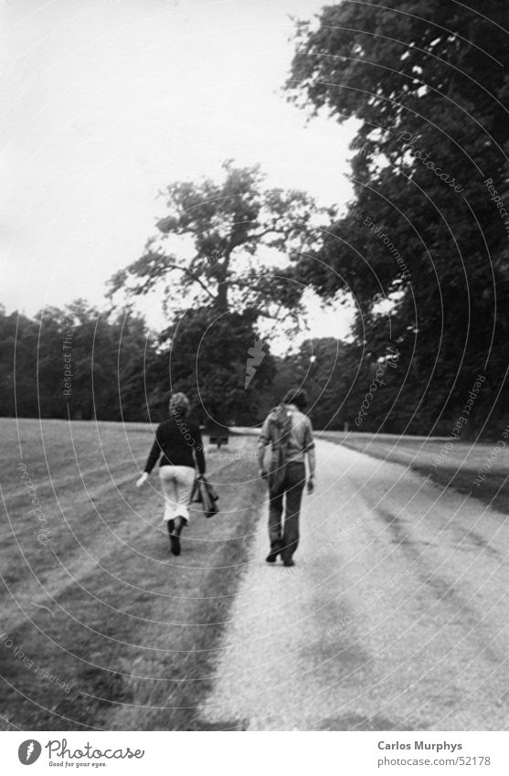 Goodbye To go for a walk Park Man Woman Forest Meadow Tree Love Friendship Trust Autumn Black & white photo Men Lanes & trails trees Couple friends In pairs