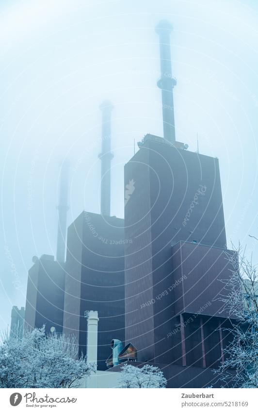 Combined heat and power plant Lichterfelde, three blocks with chimney, fog in gloomy colors Thermal power station Block Tower Chimney Energy Warmth Heat Heating