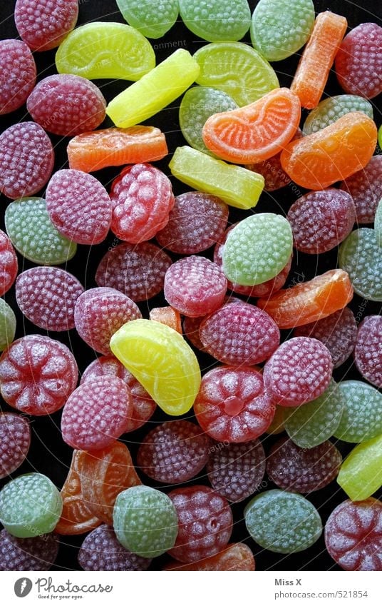 candies Food Candy Nutrition Delicious Sweet Unhealthy Sugar Fruit fruit candy fruit flavour Tangerine Raspberry Lemon Many Multicoloured Colour photo Close-up