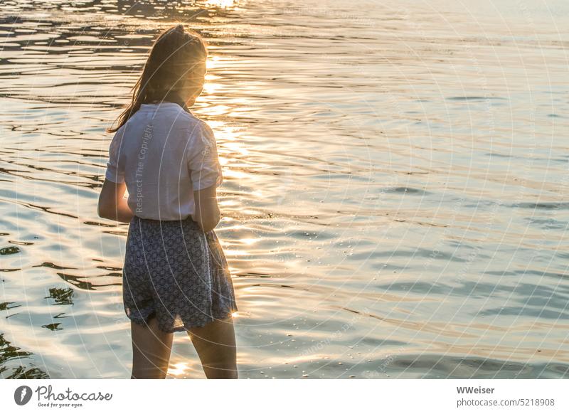 A young woman stands with her feet in the water and watches the glittering of the waves Woman Girl Sun Light Sunset warm sparkle rays Water Waves Soft Lake