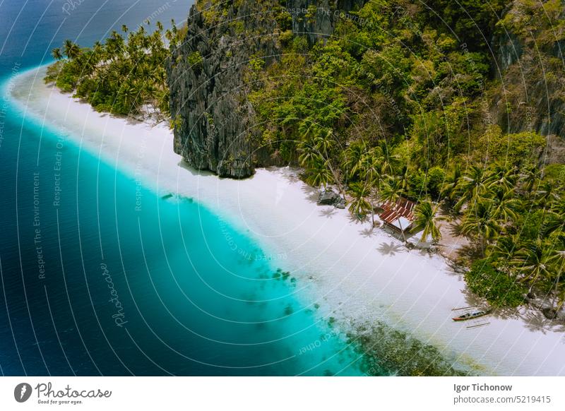 Pinagbuyutan Island, El Nido, Palawan, Philippines. Aerial drone photo of tropical hut surrounded by rocks, white sandy beach, coconut palms and turquoise blue ocean water