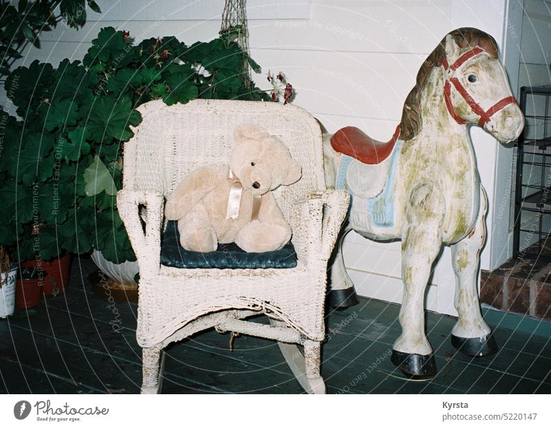 Vintage children’s toys Toys Teddy bear Horse Rocking chair Retro porch