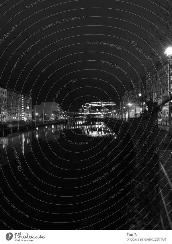 the Spree in Berlin Mitte at night Downtown Berlin b/w Night River Middle Reflection Capital city Exterior shot Town Architecture Deserted Manmade structures