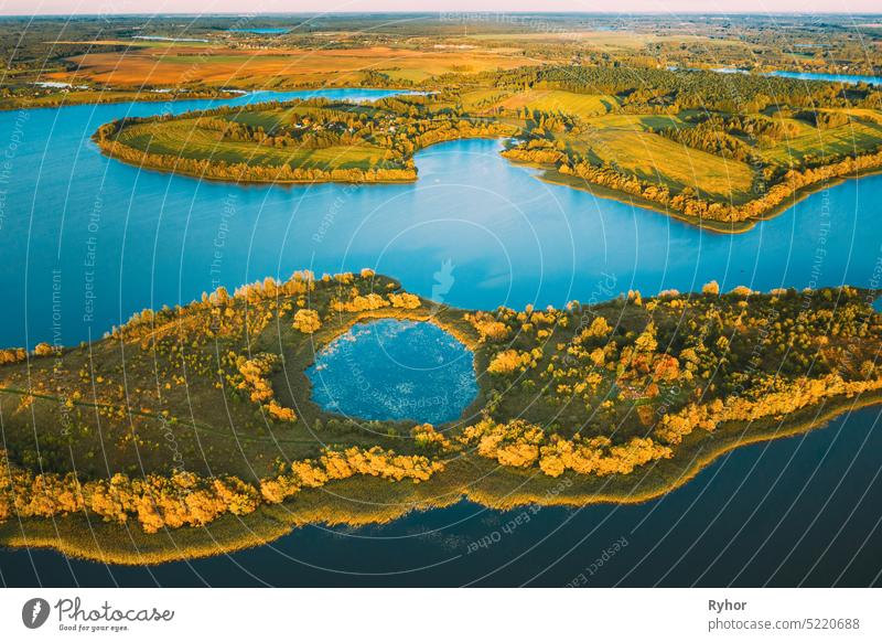 Lyepyel District, Lepel Lake, Beloozerny District, Vitebsk Region. Aerial View Of Residential Area With Houses In Countryside. Top View Of European Nature From High Attitude In Autumn. Bird's Eye View Of Lepel Lake In Sunny Evening