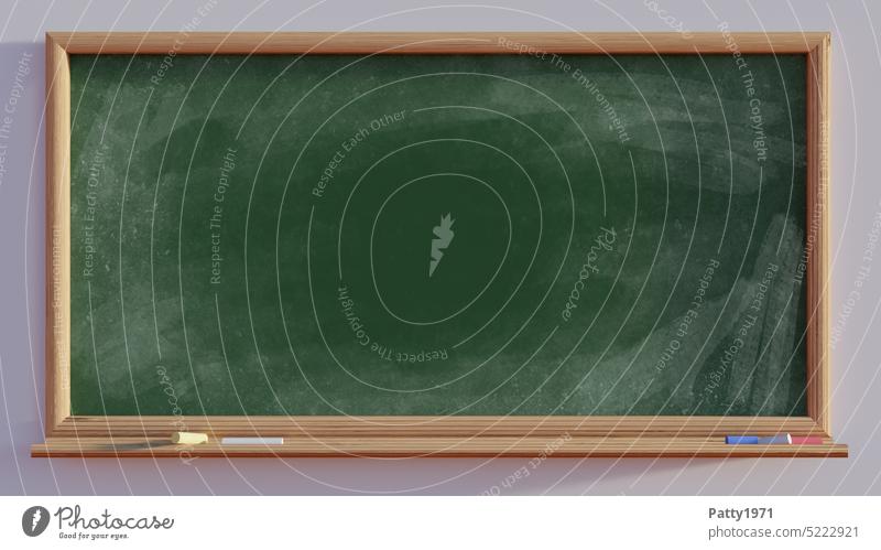 Green school blackboard with chalk wipers and pieces of chalk on the tray - 3D Render Illustration background School Education Chalk Study Blackboard