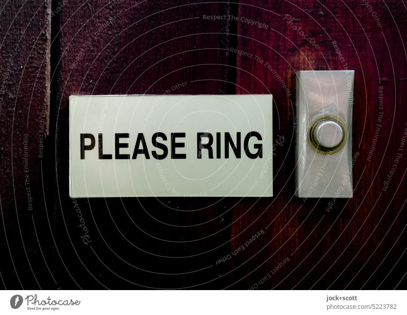 PLEASE RING Bell button please English bell button bell shield Key Neutral Background Clue Signs and labeling Simple Lettering Characters Subdued colour