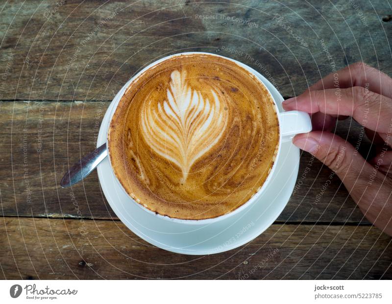 Delicious latte art latte type Cappuccino Coffee To have a coffee Coffee cup Beverage Hot drink Coffee break Cup Fern stop Hand tweezer handle Wood grain