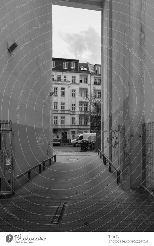 Berlin Prenzlauer Berg b/w Street passage Courtyard Downtown Town Capital city Black & white photo Old town Deserted Day Exterior shot Building Architecture