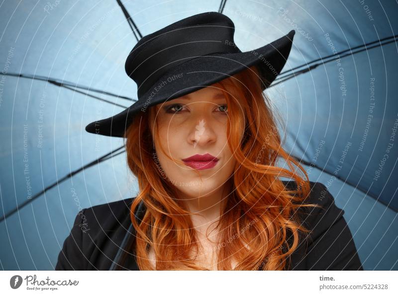 Woman with hat and umbrella Red-haired Umbrellas & Shades Hat Looking into the camera eye contact Long-haired Feminine Back-light sunny Watchfulness Curiosity