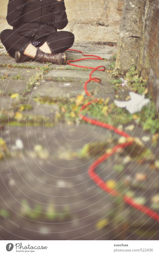 the red thread ... Feminine Woman Adults Legs Feet 1 Human being 30 - 45 years Autumn Sit Red Sewing thread Steel cable Wire Sit Cross Legged Colour photo