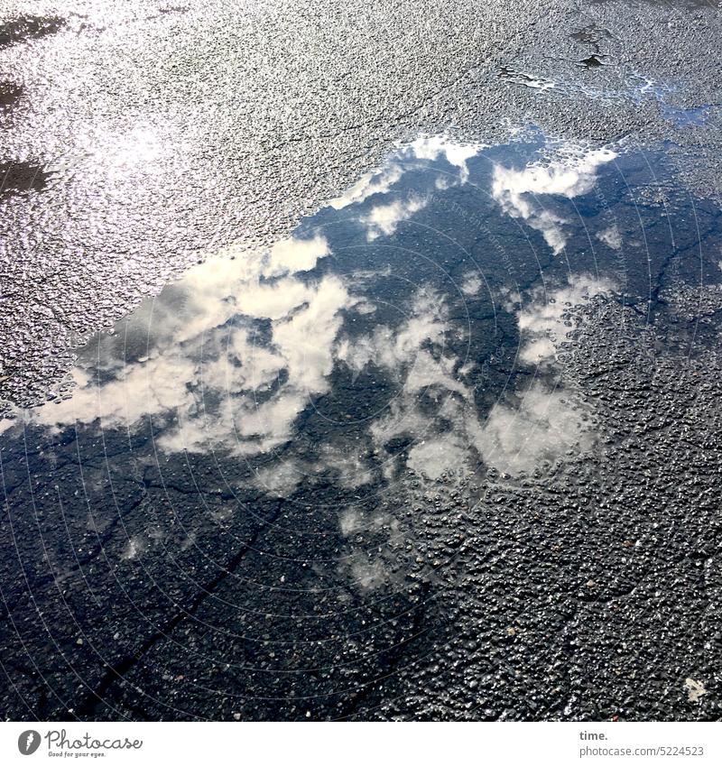 Clouds in asphalt Puddle shine Aspahlt Wet Nature sparkle Water Dark Reflection Light Contrast Surface Surface of water Abstract physical Beautiful weather