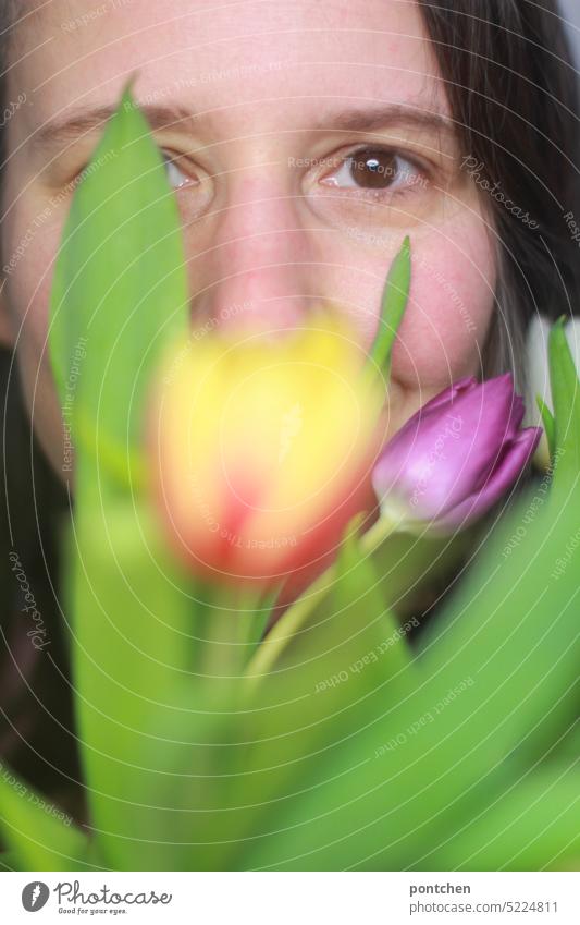 saying something through the flower. face of a smiling woman covered by a bunch of tulips Bouquet spring greeting Woman Face Concealed Smiling covert portrait
