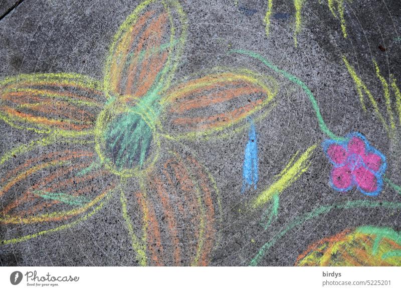 Colorful flowers painted with street crayon Chalk drawing Street painting Infancy Creativity Painting (action, artwork) Multicoloured Children's game