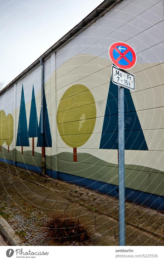 Mural with trees + traffic sign Architecture Berlin Office city Germany Twilight Facade Building Capital city House (Residential Structure) downtown Kiez Life