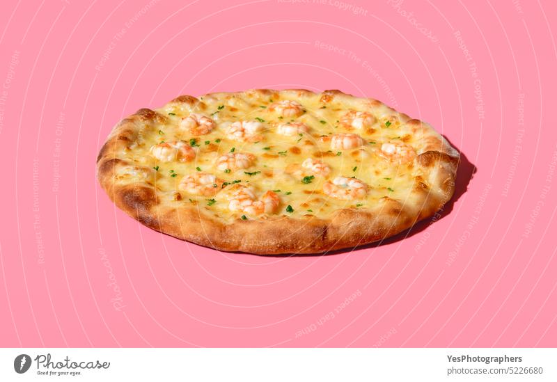 Shrimps pizza minimalist on a pink background. Homemade seafood pizza above baked bright cheese close up color cooked copy space crust cuisine delicious design