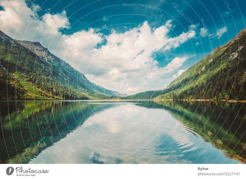 Tatra National Park, Poland. Circles On Water On Surface Of A Calm Lake. Famous Mountains Lake Morskie Oko Or Sea Eye Lake In Summer Evening. Beautiful Nature, Scenic View Of Five Lakes Valley UNESCO