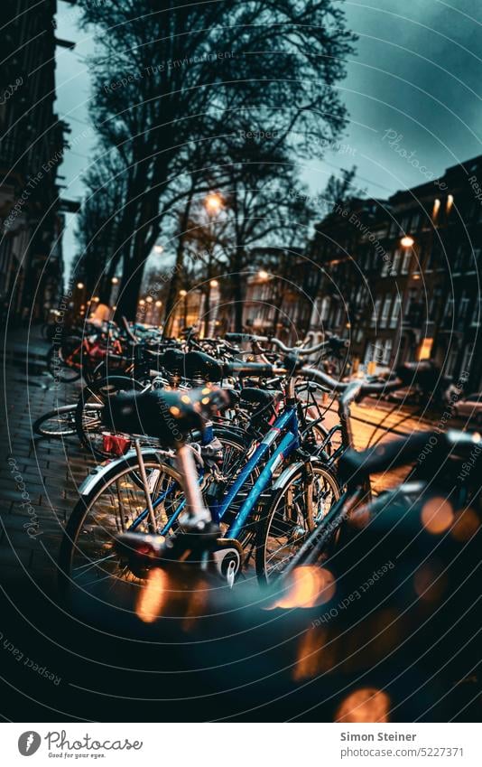 Bicycles in the morning Amsterdam bicycles Night Sea of light clearer blue hour Dawn City Street Street lighting street photography houses Sky Exterior shot