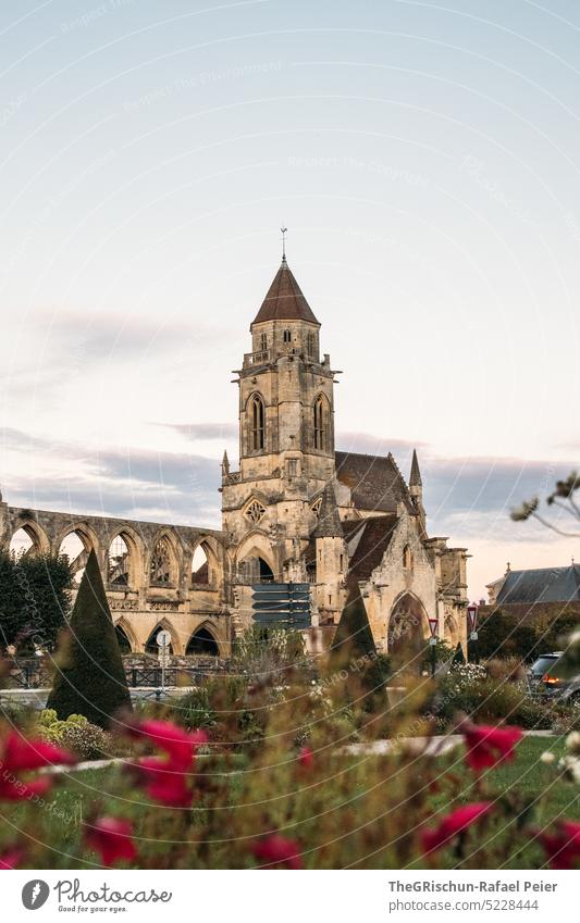 Church with flowers in foreground - CAEN - France caen Town Landmark Architecture Tourist Attraction Tourism Exterior shot Vacation & Travel Downtown