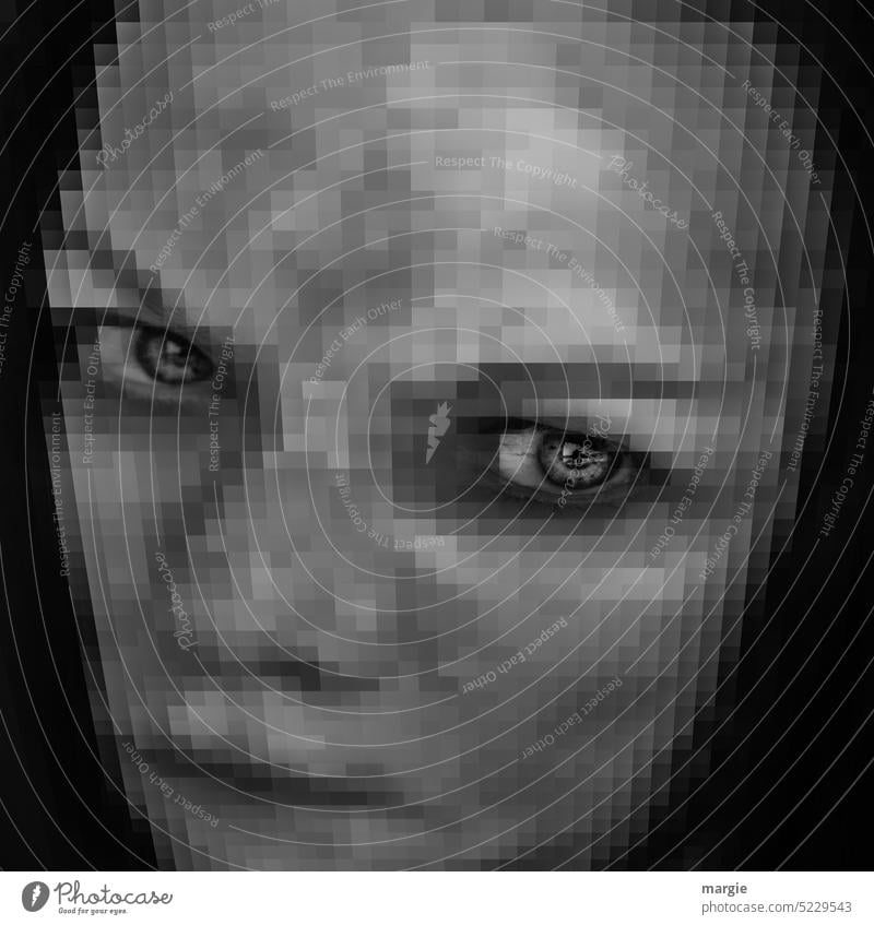 Woman face with sinister eyes, pixelated Face Eyes Eerie Evil blurriness pixels pixelart Smiley portrait Human being Alarming Looking individuality feminine