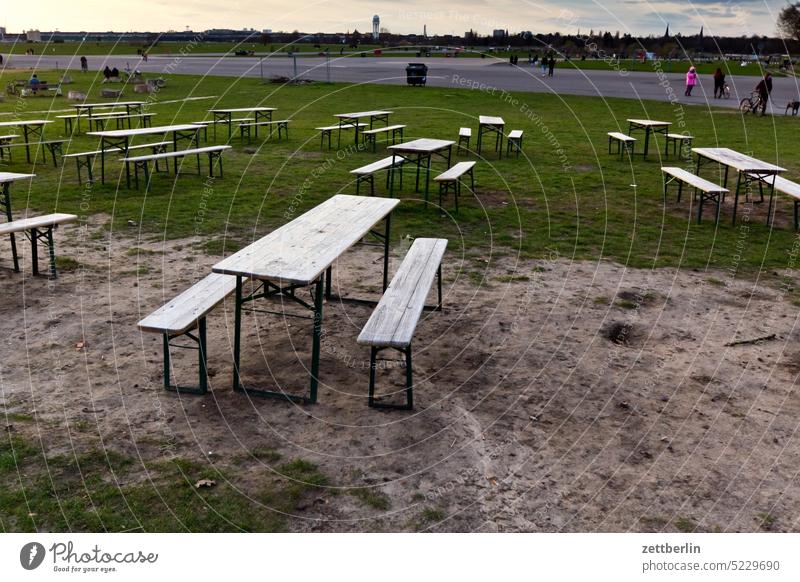 Outdoor gastronomy at Tempelhofer Feld Bench Berlin Beer garden beer table set Far-off places Trajectory Airport Airfield Freedom Spring Sky Horizon Deserted