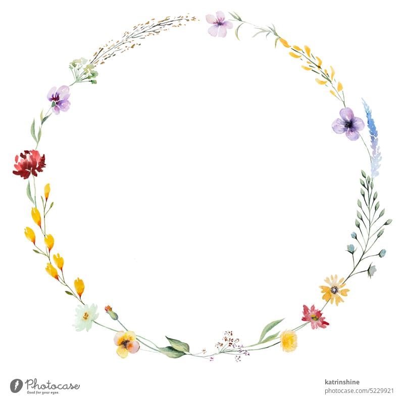 Round frame made of watercolor wild flowers and leaves, summer wedding and greeting illustration Birthday Botanical Colorful Decoration Drawing Element Garden