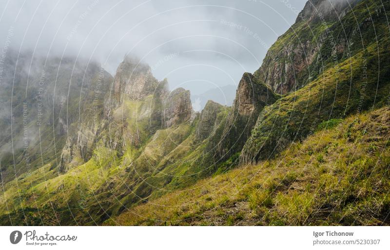 Panorama of a rugged mountain radge overgrown with verdant grass. Xo-Xo Valley. Santo Antao Island, Cape Verde Cabo Verde santo antao cape verde adventure