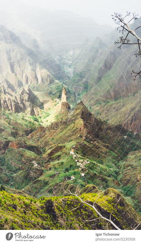 Breathtaking panorama of deep lush ribeira surrounded by towering peaks. Verdant Xo-Xo valley on Santo Antao Island Cape Verde atlantic santo agave outdoor