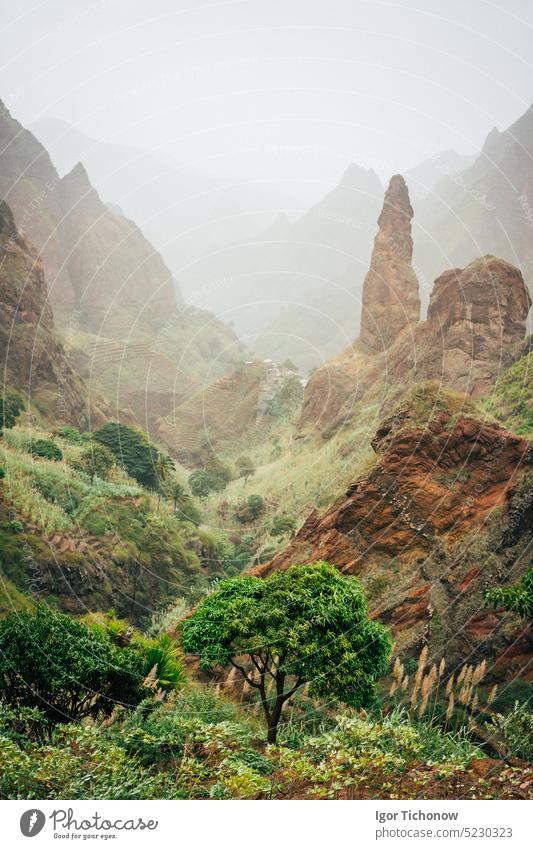 Mountain peaks of Xo-Xo valley of Santa Antao island, Cape Verde. Many cultivated plants growing in the valley between high rocks. Arid and erosion mountain peaks sun light. Sahara dust in the air